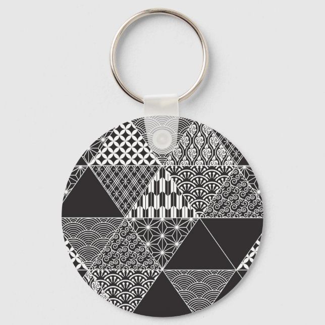 Japanese Black And White Collage Triangle Pattern Keychain (Front)