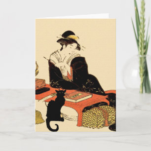 Japanese Black Cat Lady, add text, Card