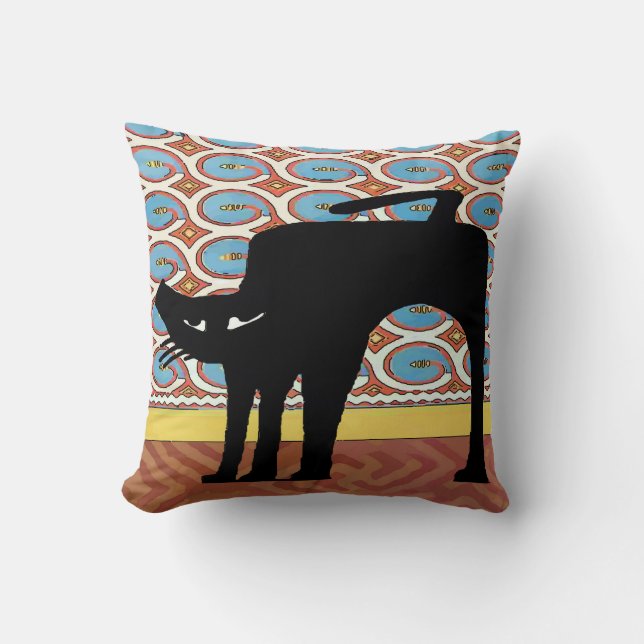 Japanese Black Cat Print Throw Pillow (Front)