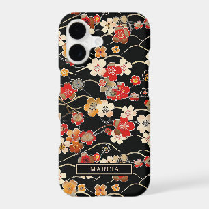 Japanese Black Floral Pattern Monogrammed
