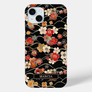 Japanese Black Floral Pattern Monogrammed iPhone 15 Mini Case