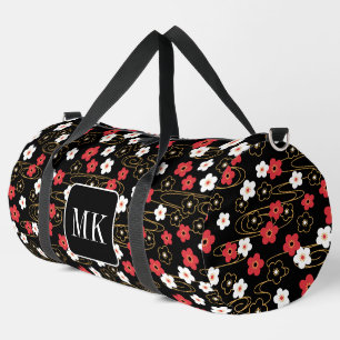 Japanese Black Sakura Blossom Monogram Initials Duffle Bag