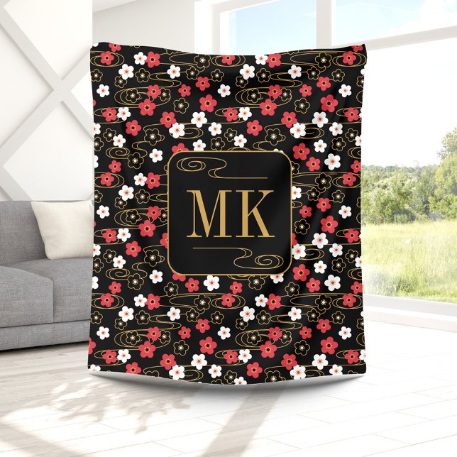 Japanese Black Sakura Blossom Monogram Initials Fleece Blanket (Creator Uploaded)