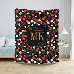 Japanese Black Sakura Blossom Monogram Initials Sherpa Blanket