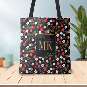 Japanese Black Sakura Blossom Monogram Initials  Tote Bag