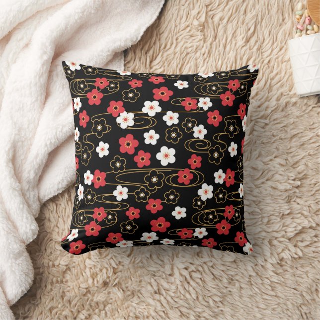 Japanese Black Sakura Cherry Blossom Flowers Throw Pillow (Blanket)