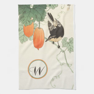 Japanese Block Print Bird Orange Fruit Monogram  Kitchen Towel