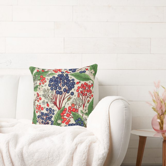 Japanese Blue and Red Berries Double Sided Throw Pillow (Couch)