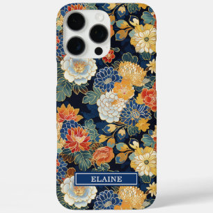 Japanese Blue Floral Pattern Monogrammed iPhone 16 Pro Max Case