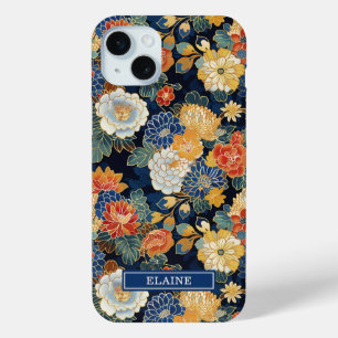 Japanese Blue Floral Pattern Monogrammed iPhone 15 Mini Case