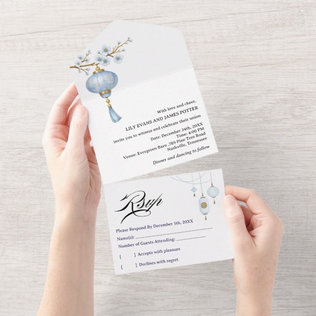 Japanese Blue Lantern Wedding All In One Invitation (Tearaway)