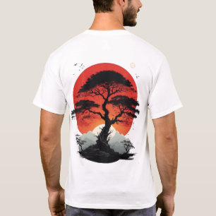Japanese Bonsai Tree Red Sun Aesthetic Graphic T-S T-Shirt