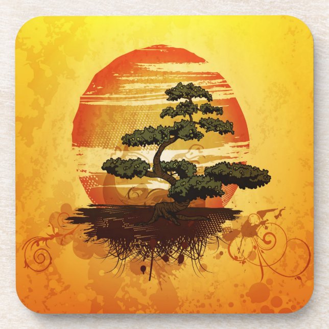 Japanese Bonsai Tree Sunset Coaster (Front)