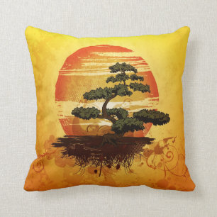 Japanese Bonsai Tree Sunset Throw Pillow