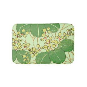 Japanese Botanical Green Leaf Woodblock Print Bath Mat