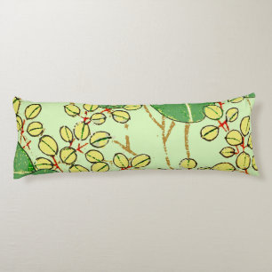 Japanese Botanical Green Leaf Woodblock Print Body Pillow