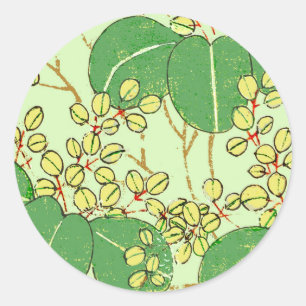 Japanese Botanical Green Leaf Woodblock Print Classic Round Sticker