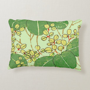 Japanese Botanical Green Leaf Woodblock Print Decorative Pillow