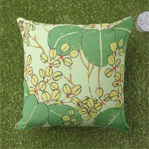 Japanese Botanical Green Leaf Woodblock Print Outdoor Pillow