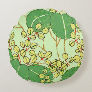 Japanese Botanical Green Leaf Woodblock Print Round Pillow