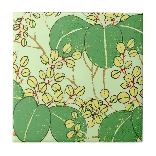 Japanese Botanical Green Leaf Woodblock Print Tile (Front)