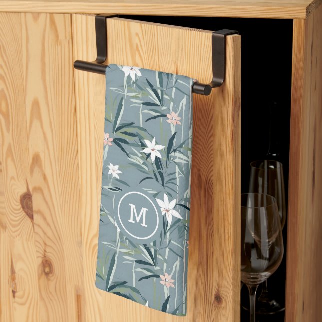 Japanese botanical zen flowers pattern kitchen towel (Thirds Fold)