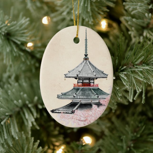 Japanese Buddhist Temple Cherry Blossoms Christmas Ceramic Ornament (Tree)