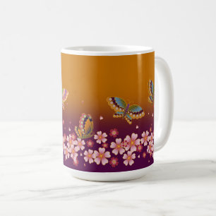 Japanese Butterflies Amid Sakura Blooms Gold  Plum Coffee Mug