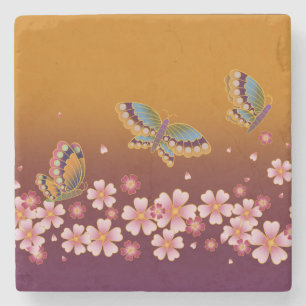 Japanese Butterflies Amid Sakura Blooms Gold  Plum Stone Coaster