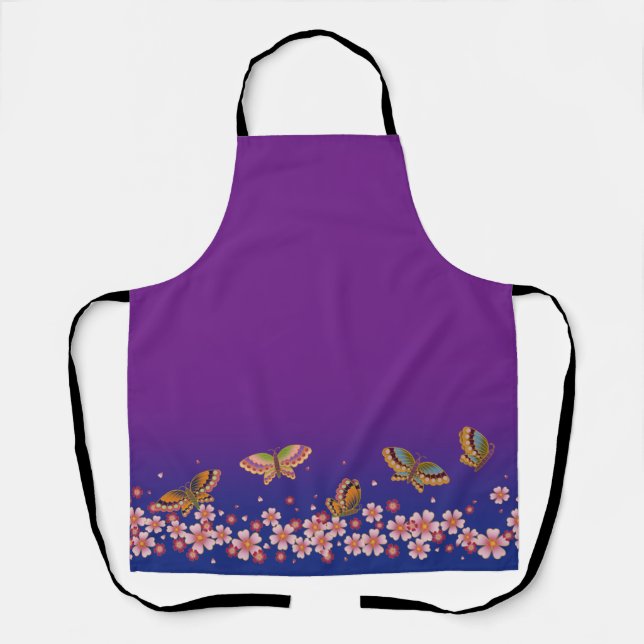 Japanese Butterflies Amid Sakura Blossoms Purple Apron (Front)