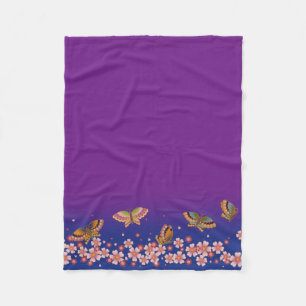 Japanese Butterflies Amid Sakura Blossoms Purple Fleece Blanket