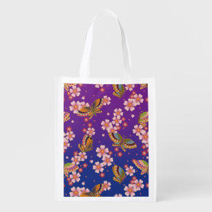 Japanese Butterflies Amid Sakura Blossoms Purple Reusable Grocery Bag