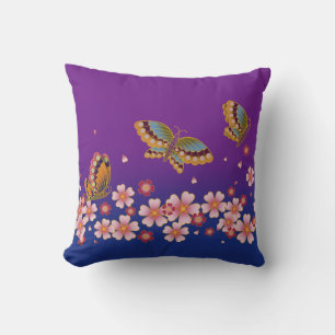 Japanese Butterflies Amid Sakura Blossoms Purple Throw Pillow