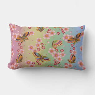 Japanese Butterflies Amid Sakura Blossoms Rainbow Lumbar Pillow