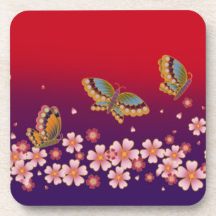 Japanese Butterflies Amid Sakura Blossoms Red Coaster