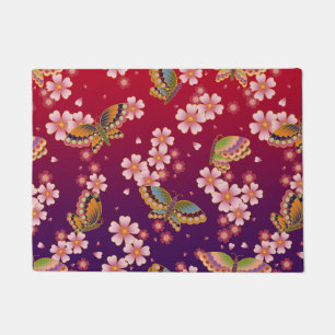 Japanese Butterflies Amid Sakura Blossoms Red Doormat