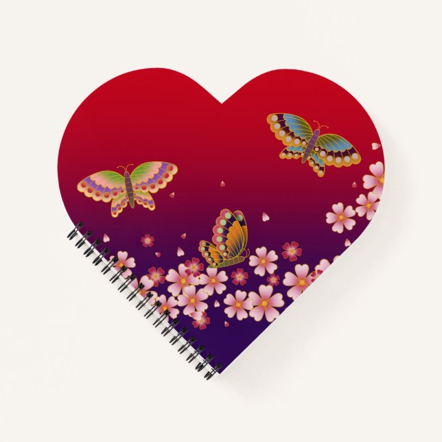 Japanese Butterflies Amid Sakura Blossoms Red Notebook (Front)