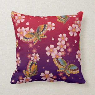 Japanese Butterflies Amid Sakura Blossoms Red Throw Pillow