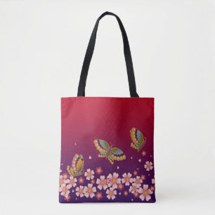 Japanese Butterflies Amid Sakura Blossoms Red Tote Bag