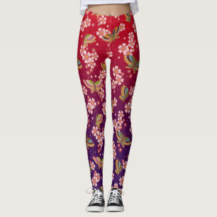 Japanese Butterflies Amid Sakura Shower Red Leggings