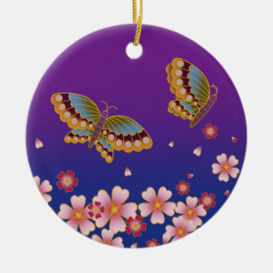 Japanese Butterflies Blue & Purple Personalized Ceramic Ornament