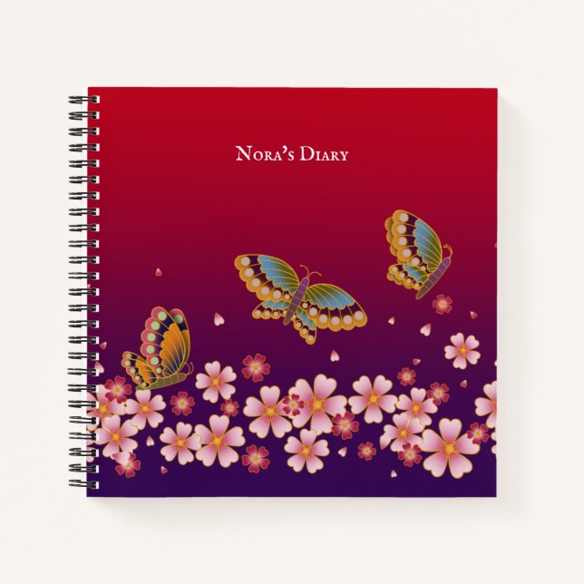 Japanese Butterflies Sakura Blossoms Personalized Notebook (Front)