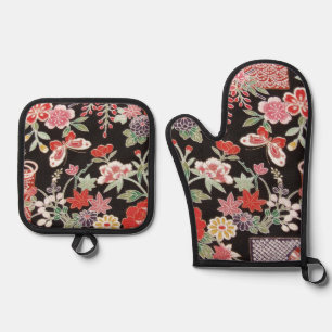 Japanese Butterfly & Flower Pattern Oven Mitt & Pot Holder Set