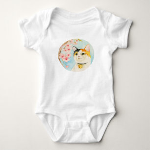 Japanese Calico Cat and Cherry Blossom Watercolor Baby Bodysuit