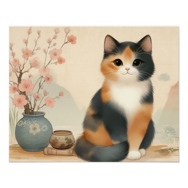 Japanese calico cat and flower poster (Front)