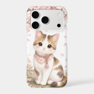 Japanese Calico Cat Under Cherry Blossom Tree