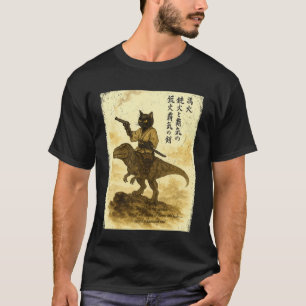 Japanese Calligraphy Cat Rides Dinosaur with Haiku T-Shirt