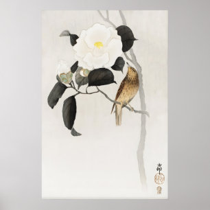 Japanese Camellia Bird Wall Art Print  Vintage Zen