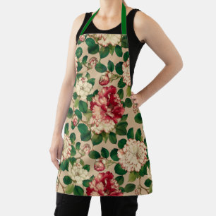 Japanese Camellia Pattern. Deep Pink on Beige Apron