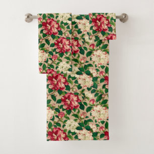 Japanese Camellia Pattern. Deep Pink on Beige Bath Towel Set
